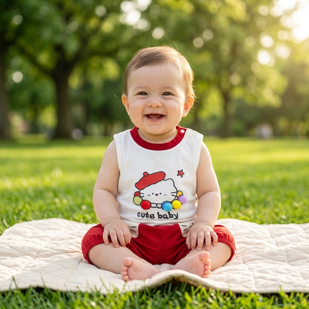 Cute Baby Cat Vest & Red Shorts Set lifestyle photo outdoor park