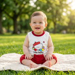 Cute Baby Cat Vest & Red Shorts Set lifestyle photo outdoor park