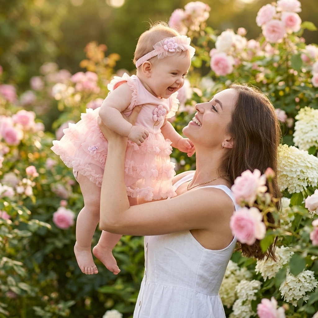 Pink Tulle Flower Romper Dress mother and baby lifestyle photo flower garden