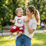 Cute Baby Cat Vest & Red Shorts Set mother carrying baby lifestyle photo park