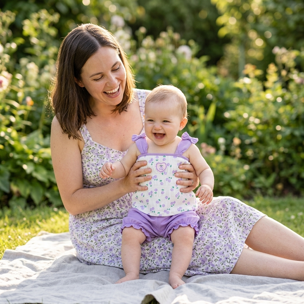 Cherry Heart Smocked Top & Bloomer Shorts mother and baby picnic lifestyle photo