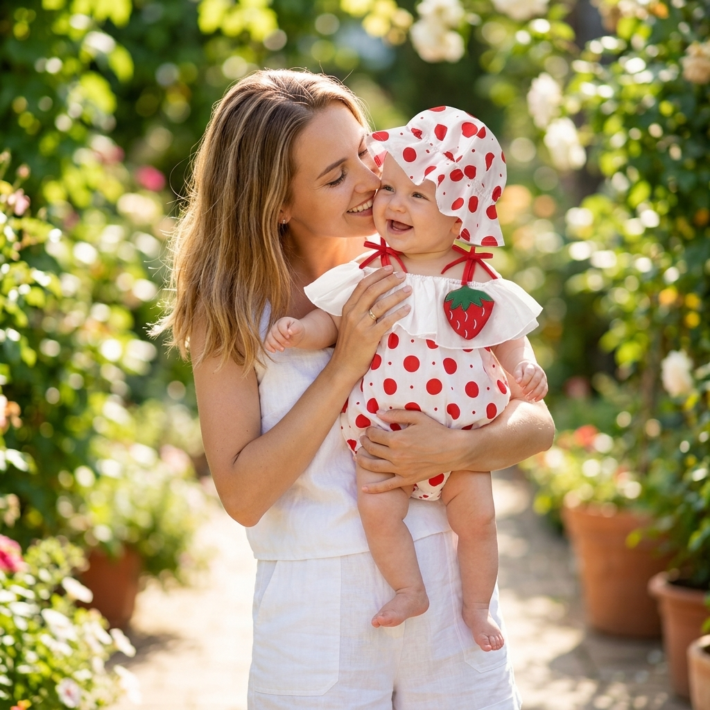Strawberry Polka Dot Romper & Bucket Hat mother and baby lifestyle photo terrace