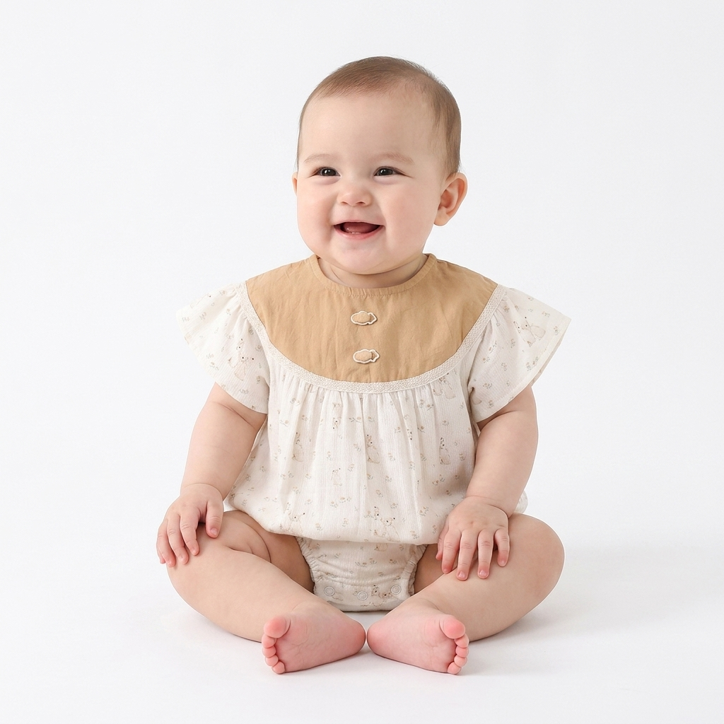 Bunny Print Colour Block Bubble Romper baby studio photo