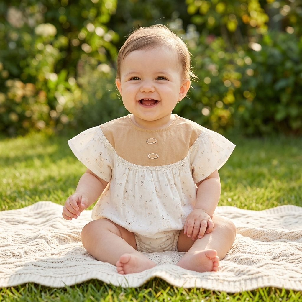Bunny Print Colour Block Bubble Romper baby lifestyle photo garden