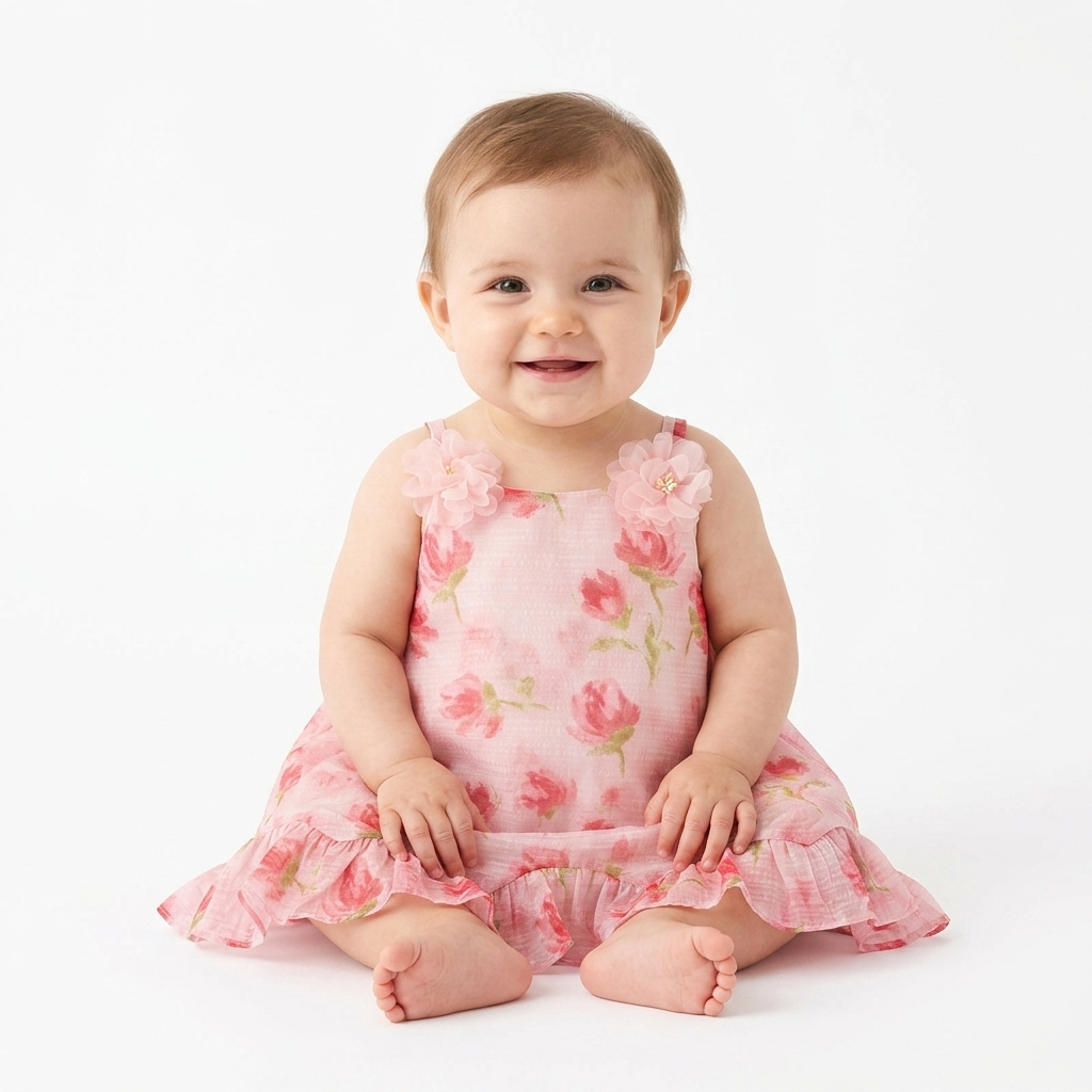 Watercolour Rose Ruffle Dress baby girl studio photo