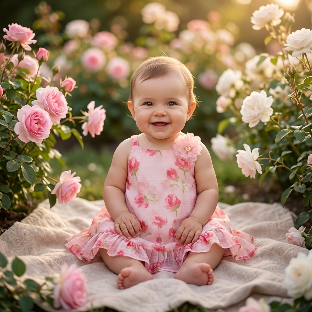 Watercolour Rose Ruffle Dress baby girl lifestyle photo rose garden
