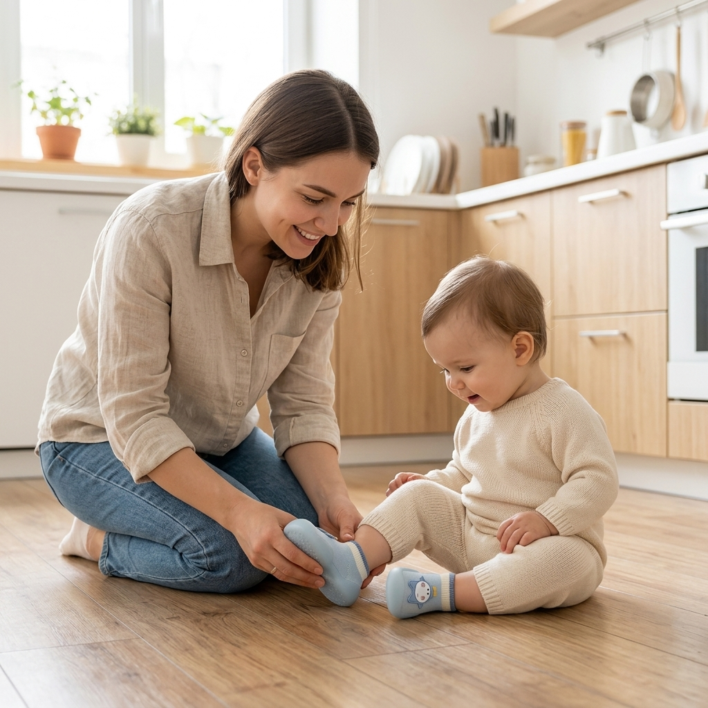 Cartoon Character Sock Shoes mother putting shoes on baby girl kitchen lifestyle photo