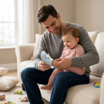 Cartoon Character Sock Shoes father putting shoes on baby girl living room lifestyle photo