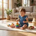 Embroidered Denim Flutter Romper baby girl playing on living room floor lifestyle photo