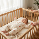 Berry Print Muslin Sleepsuit baby waking up in crib morning nursery lifestyle photo