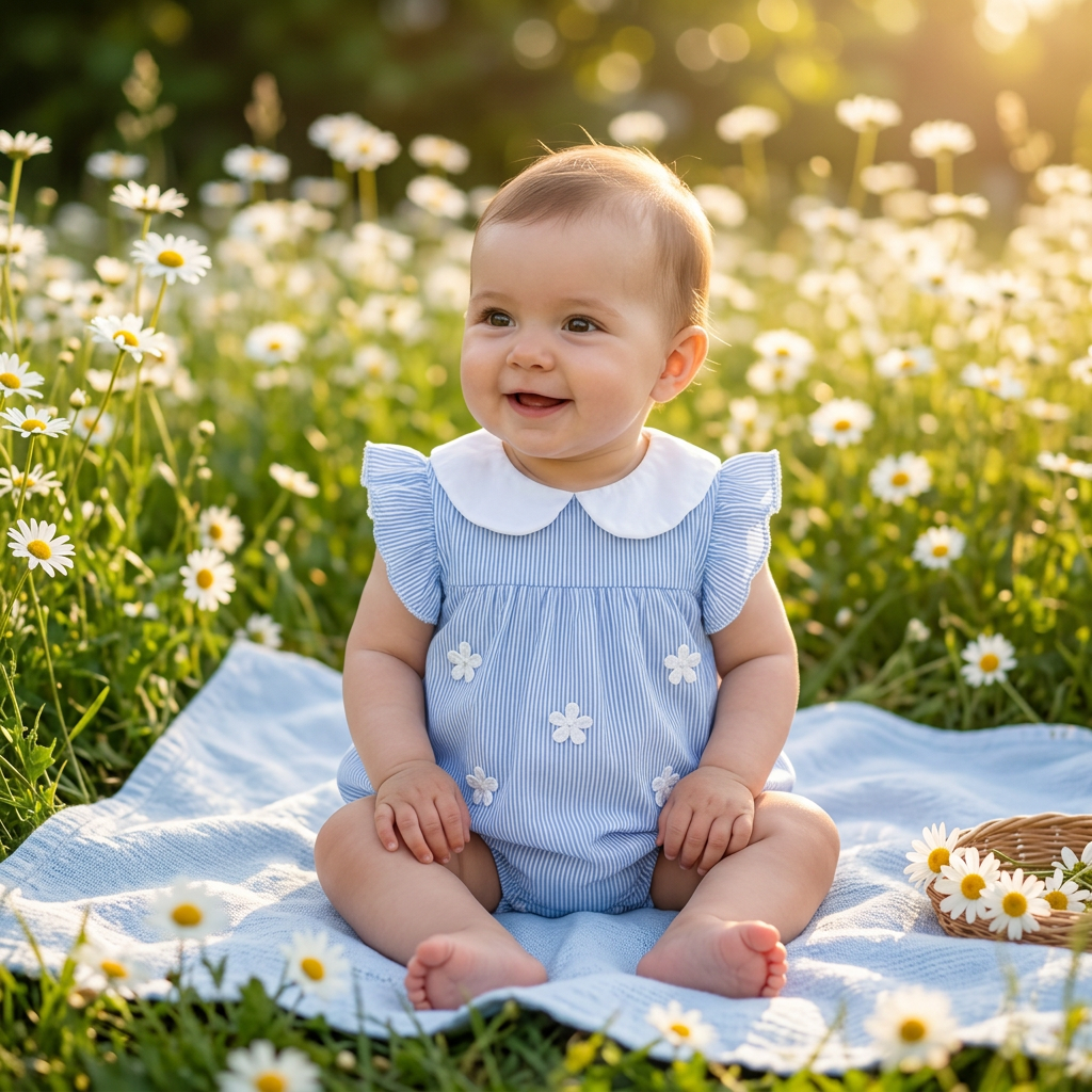 Blue Stripe Daisy Bubble Romper baby girl daisy garden lifestyle photo