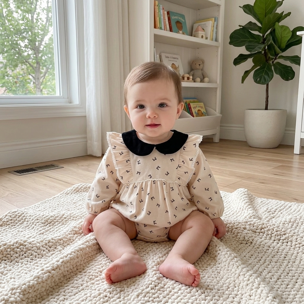 Black Bow Print Peter Pan Collar Romper baby girl home interior lifestyle photo