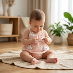 Bunny & Duck 3D Muslin Bubble Romper baby living room morning lifestyle photo