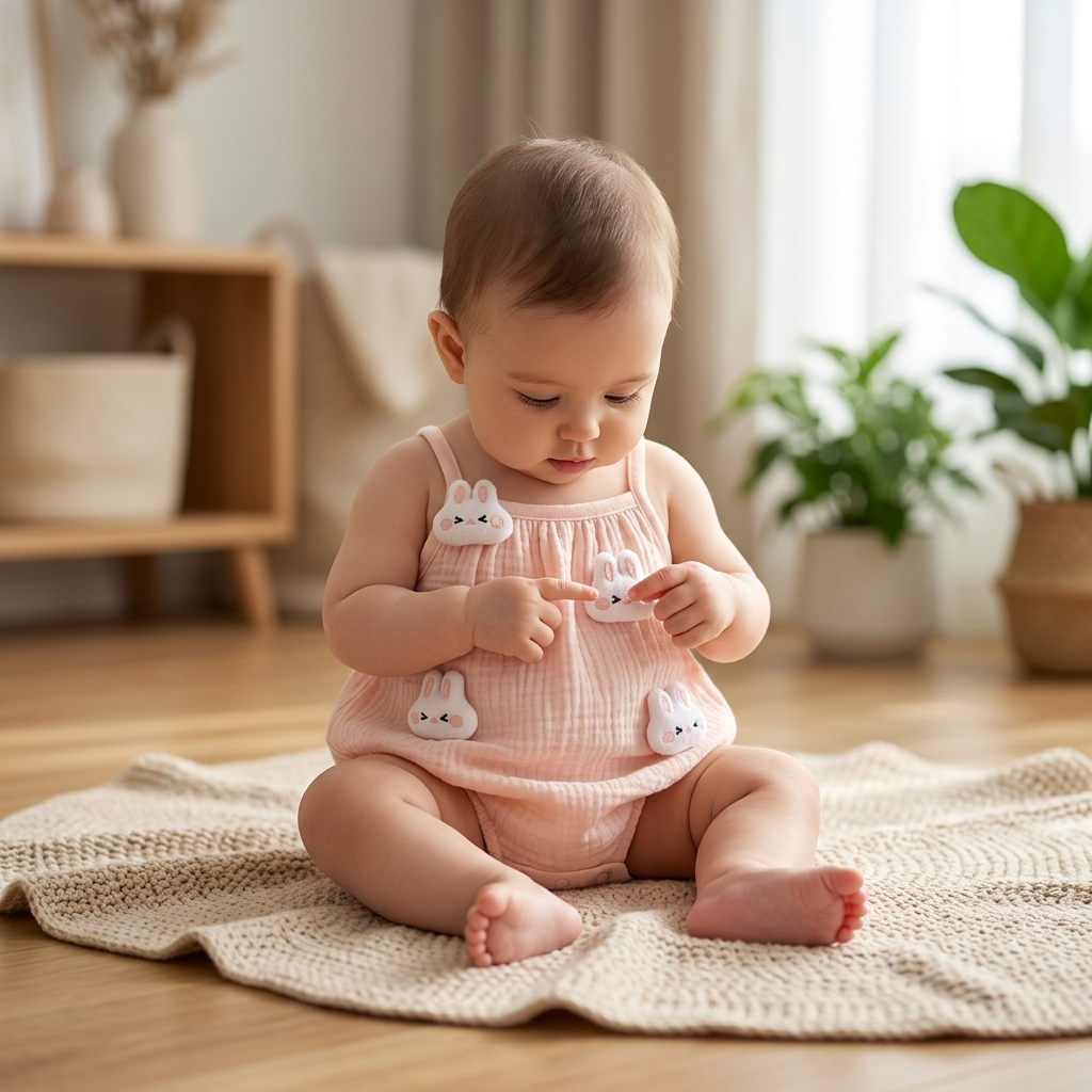 Bunny & Duck 3D Muslin Bubble Romper baby living room morning lifestyle photo