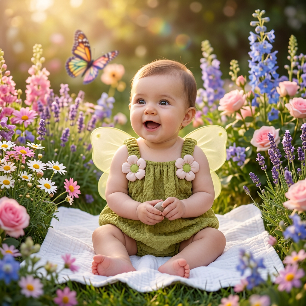 Flower & Butterfly Wing Bubble Romper baby girl spring garden lifestyle photo