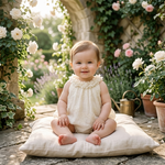 Ivory Floral Garland Bubble Romper baby girl garden terrace lifestyle photo