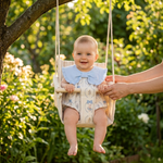 Blue Bow Bunny Cameo Bubble Romper baby girl garden swing lifestyle photo