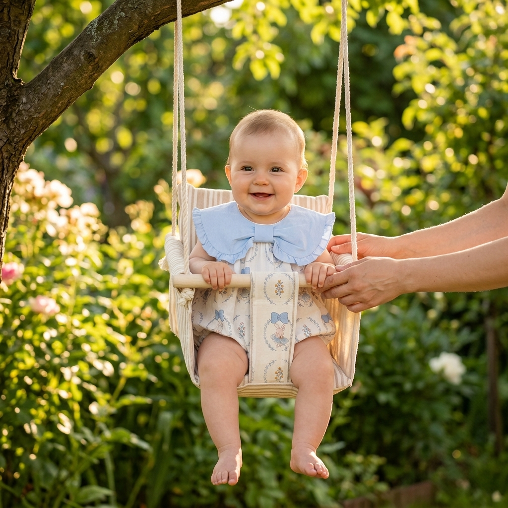 Blue Bow Bunny Cameo Bubble Romper baby girl garden swing lifestyle photo