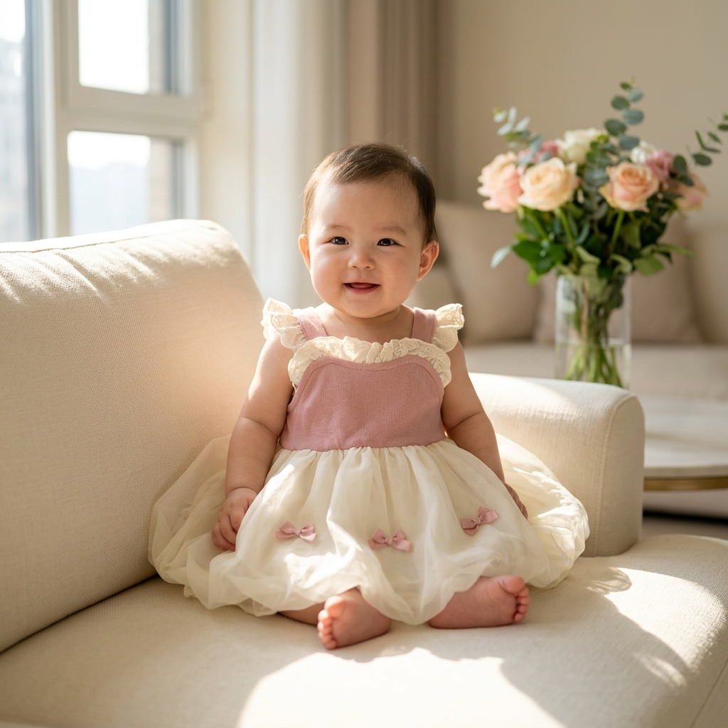 Pink & Cream Lace Bubble Dress Romper baby girl living room sofa lifestyle photo