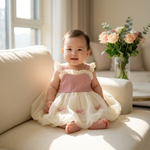 Pink & Cream Lace Bubble Dress Romper baby girl living room sofa lifestyle photo