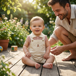 Stripe Polo & Bear Dungaree Romper Set baby garden morning lifestyle photo