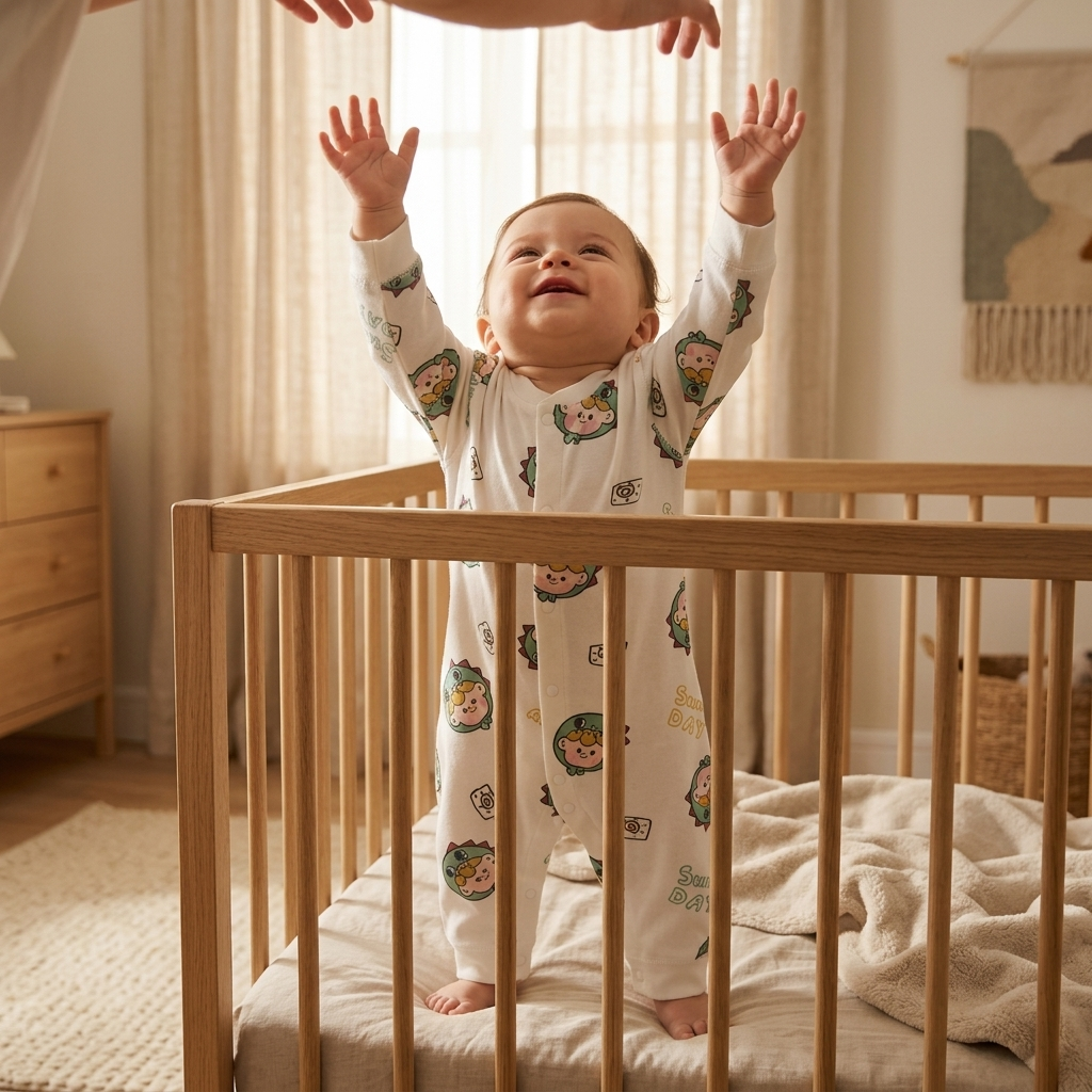 Dino Bear Sunny Day Sleepsuit baby morning wakeup crib cinematic lifestyle photo