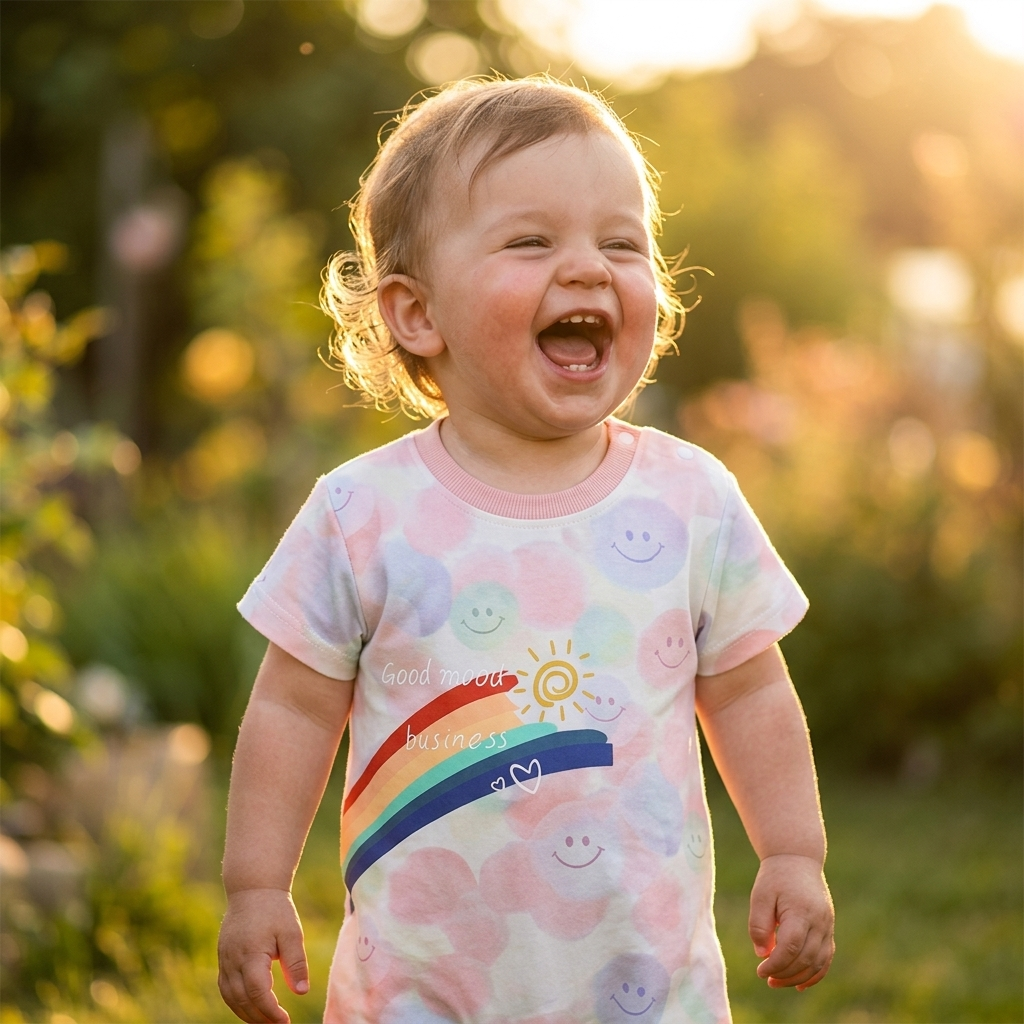 Good Mood Smiley Rainbow Romper toddler golden hour candid laugh lifestyle photo