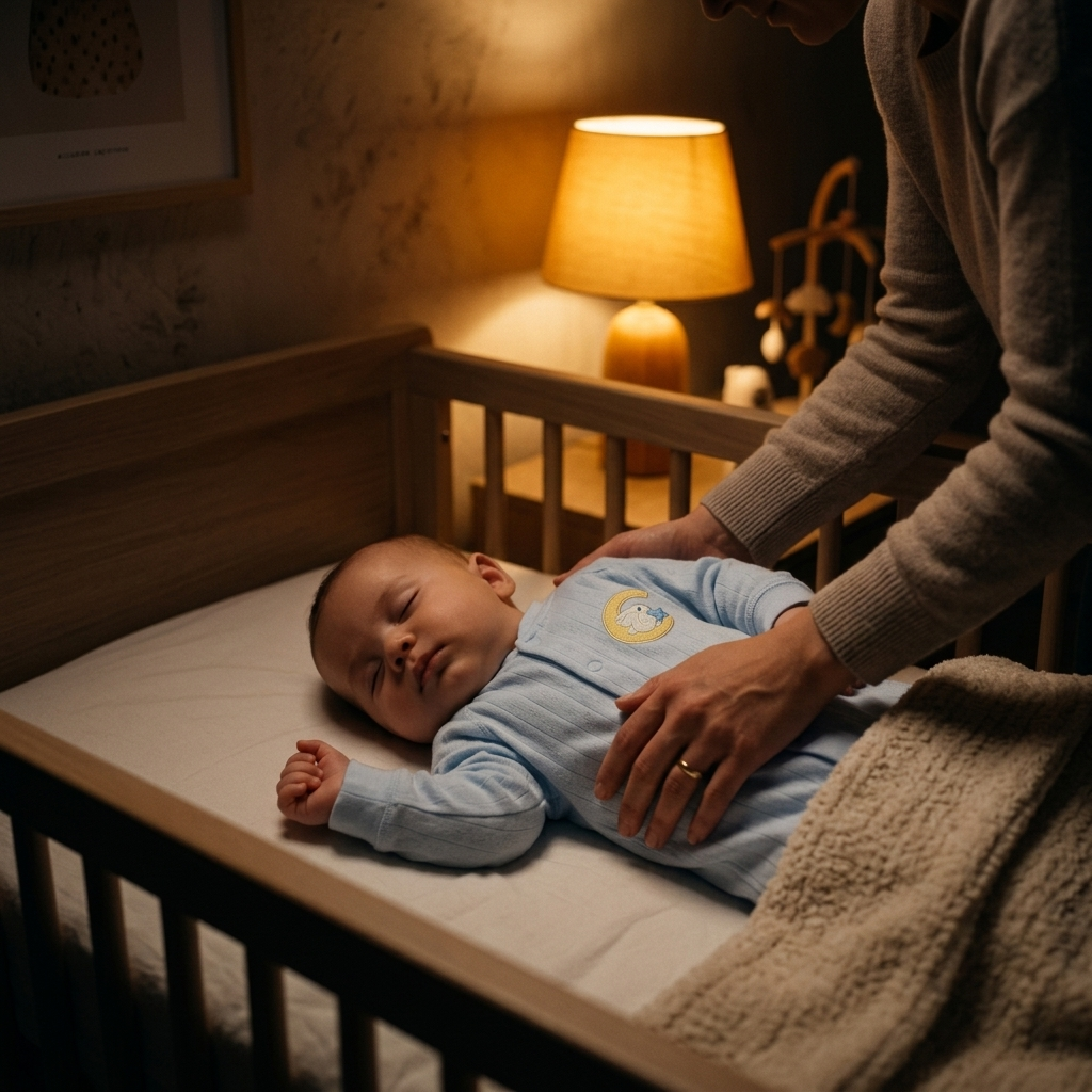 Moon Bunny Sleepsuit baby bedtime crib mother hands lamplight cinematic lifestyle photo