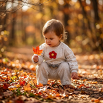 Red Flower Lace Sweatshirt Wide-Leg Pants toddler autumn leaves park cinematic lifestyle photo