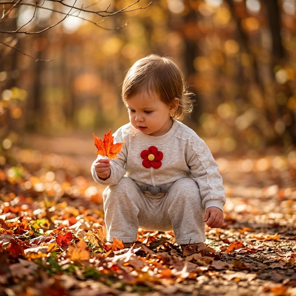 Red Flower Lace Sweatshirt Wide-Leg Pants toddler autumn leaves park cinematic lifestyle photo