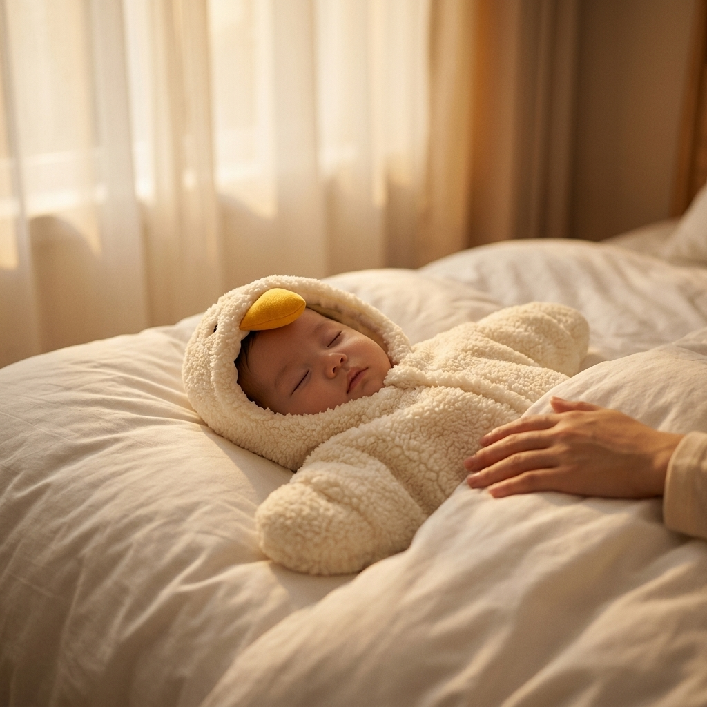 Little Duck Star Sleeping Bag newborn cozy morning bed cinematic lifestyle photo