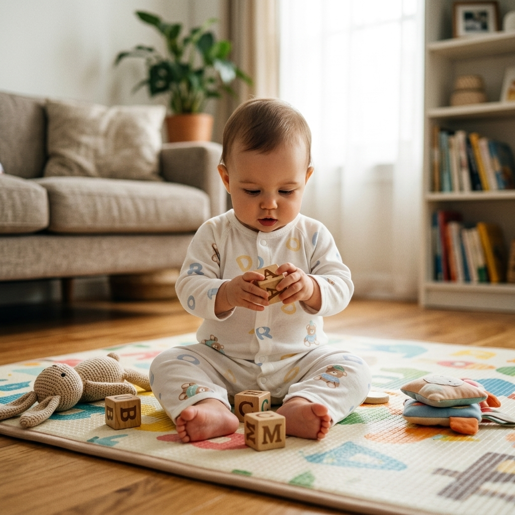 ABC Bear Long Sleeve Romper baby playtime alphabet blocks living room cinematic lifestyle photo
