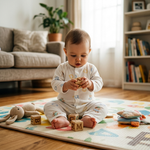 ABC Bear Long Sleeve Romper baby playtime alphabet blocks living room cinematic lifestyle photo
