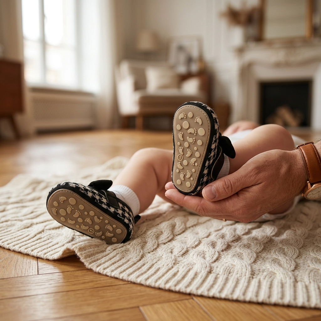 Houndstooth Bow Mary Jane Shoes baby girl floor father hand lifestyle photo