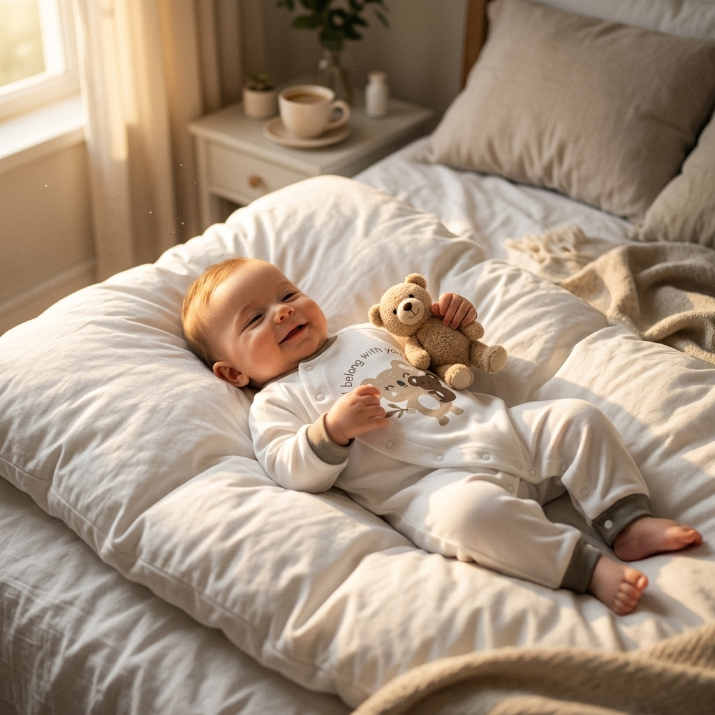 Bear Face & Koala Sleepsuit baby morning bed teddy bear cinematic lifestyle photo