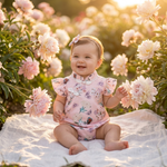 Peony Garden Bubble Romper baby girl peony garden golden hour lifestyle photo