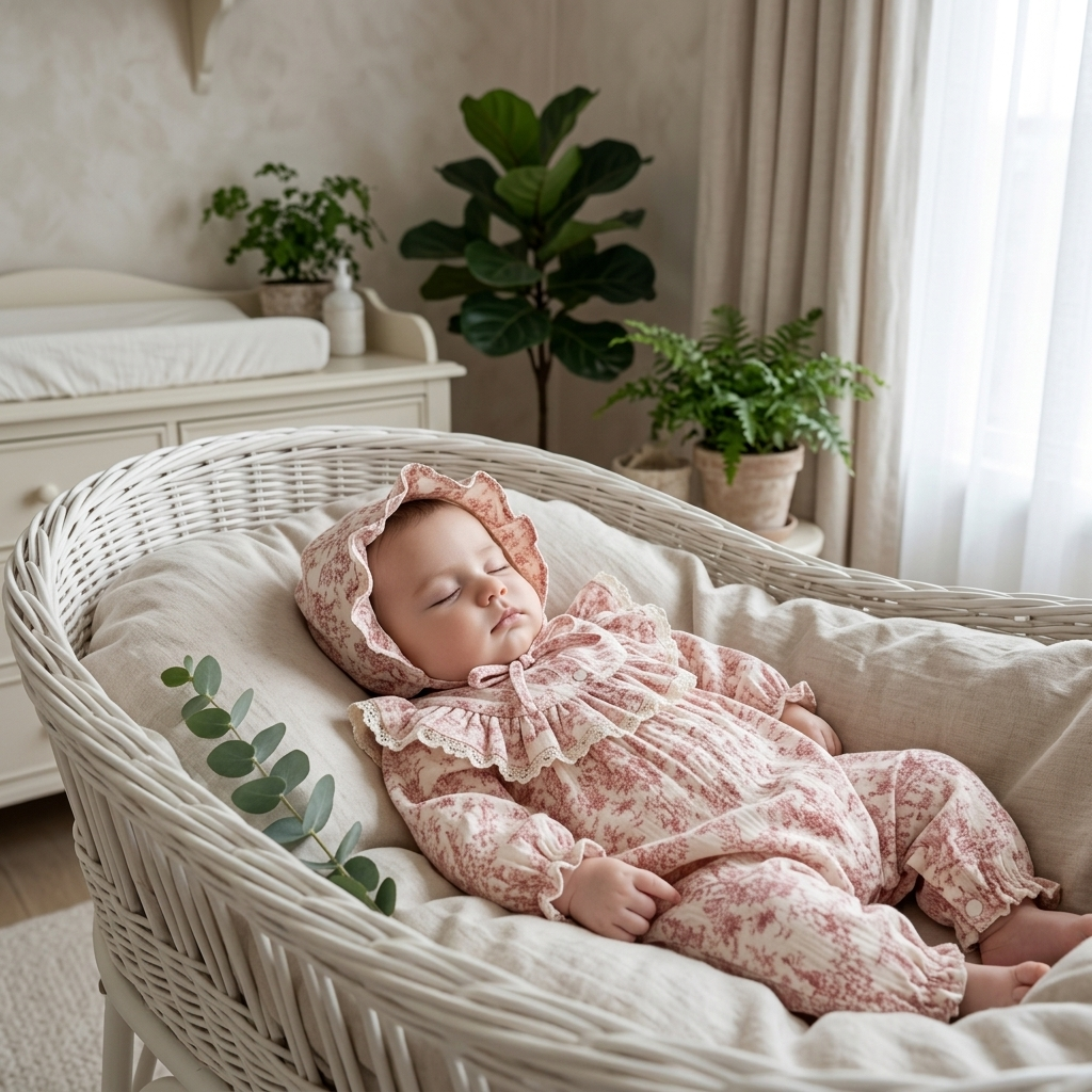 Pink Toile Botanical Sleepsuit & Bonnet Set newborn bassinet nursery cinematic lifestyle photo
