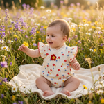 Wildflower Kimono Bubble Romper baby wildflower meadow golden hour lifestyle photo
