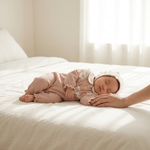 Pink Lace Bib Collar Sleepsuit & Bonnet Set Kyte Baby style airy nursery lifestyle photo