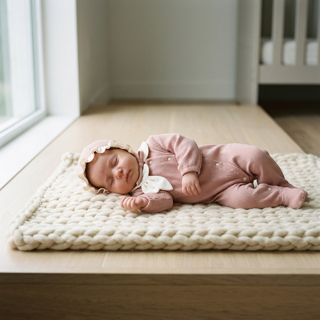 Pink Ribbed Peter Pan Collar Sleepsuit & Bonnet Quincy Mae style minimalist window light lifestyle photo
