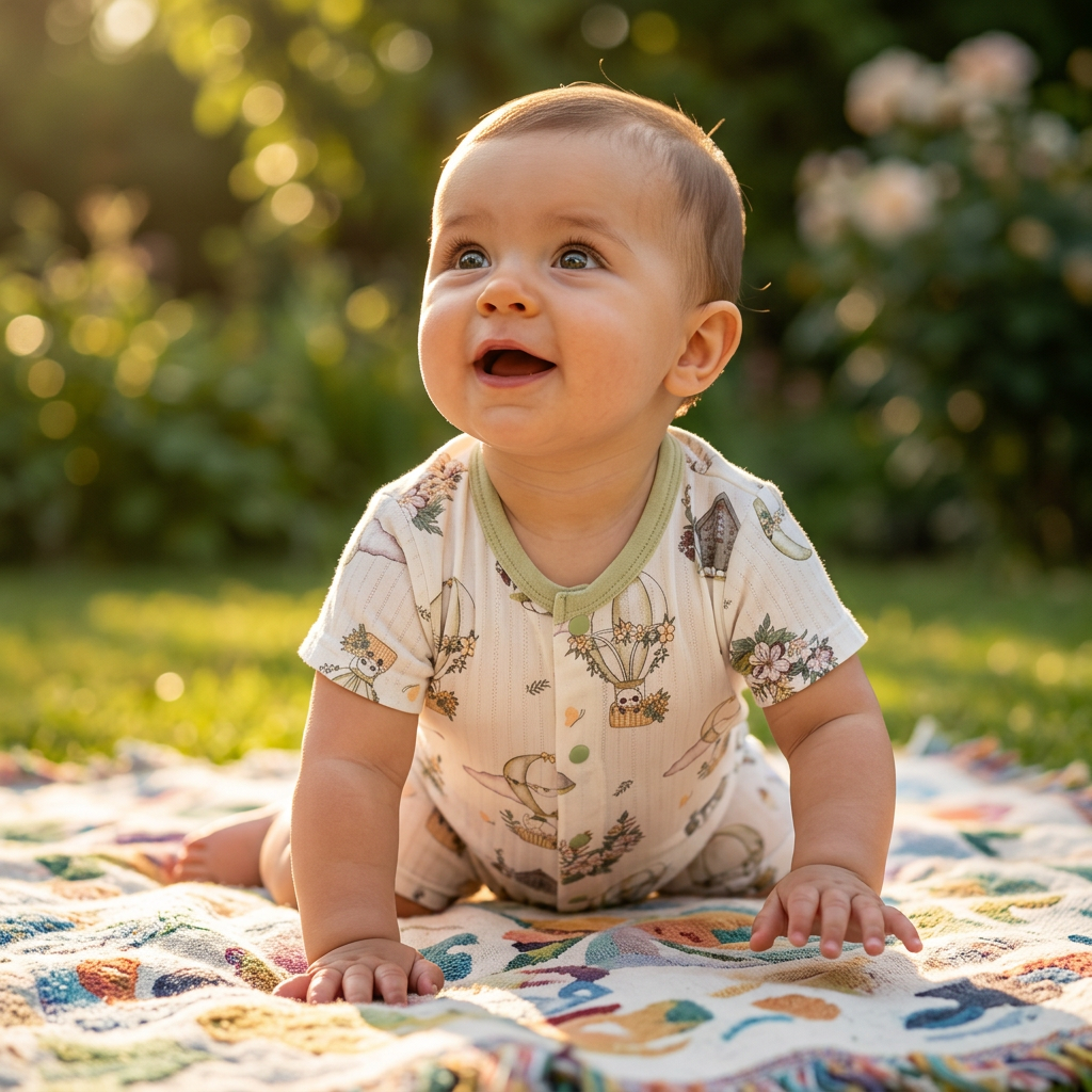 Balloon Adventure Modal Romper baby crawling garden joyful lifestyle photo