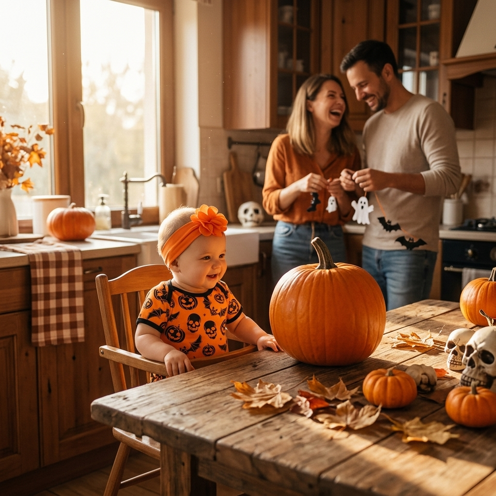 Halloween Skull Pumpkin Print Romper family kitchen lifestyle photo
