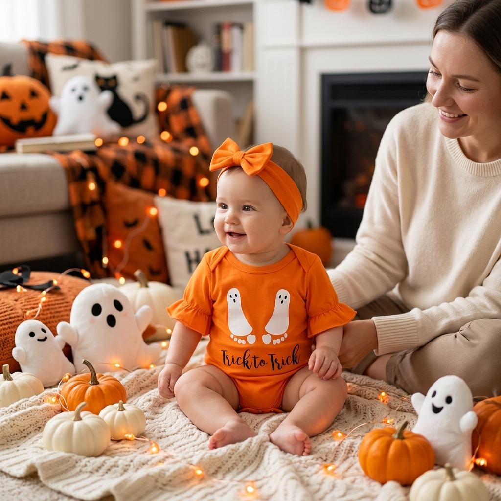 Ghost Footprint Halloween Romper indoor Halloween scene lifestyle photo