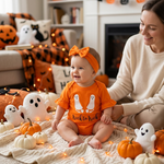 Ghost Footprint Halloween Romper indoor Halloween scene lifestyle photo