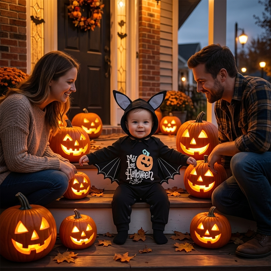 My 1st Halloween Bat Costume Romper family lifestyle photo porch pumpkins