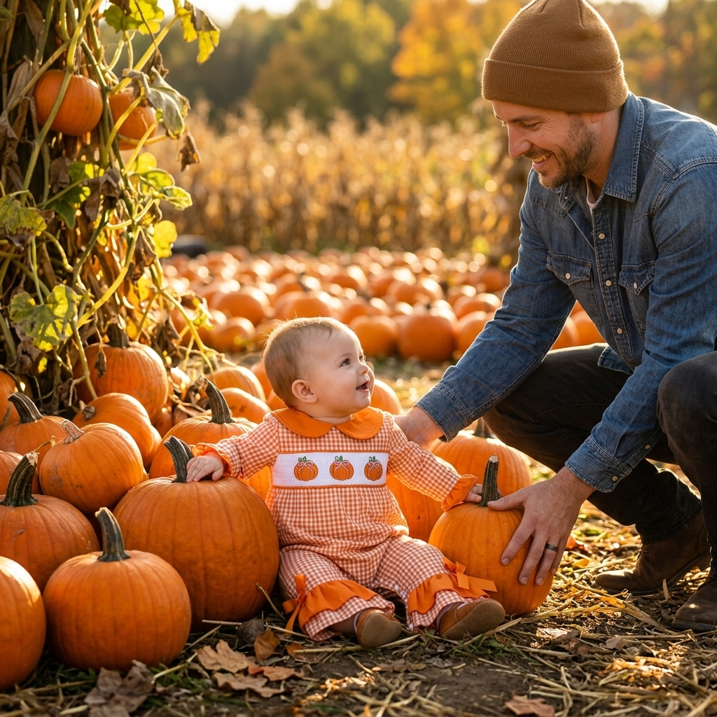 Orange Gingham Pumpkin Smocked Romper pumpkin patch autumn lifestyle photo