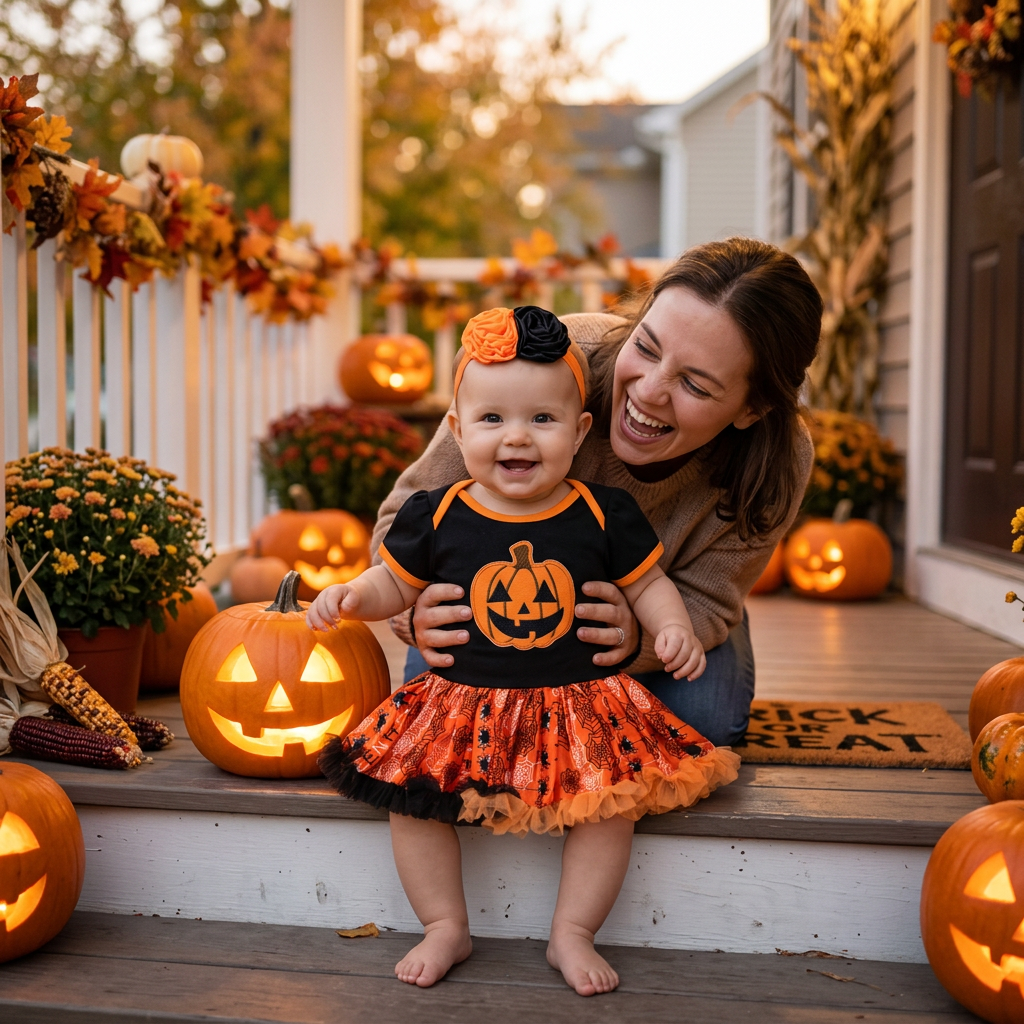 Pumpkin Tutu Romper Halloween costume porch lifestyle photo