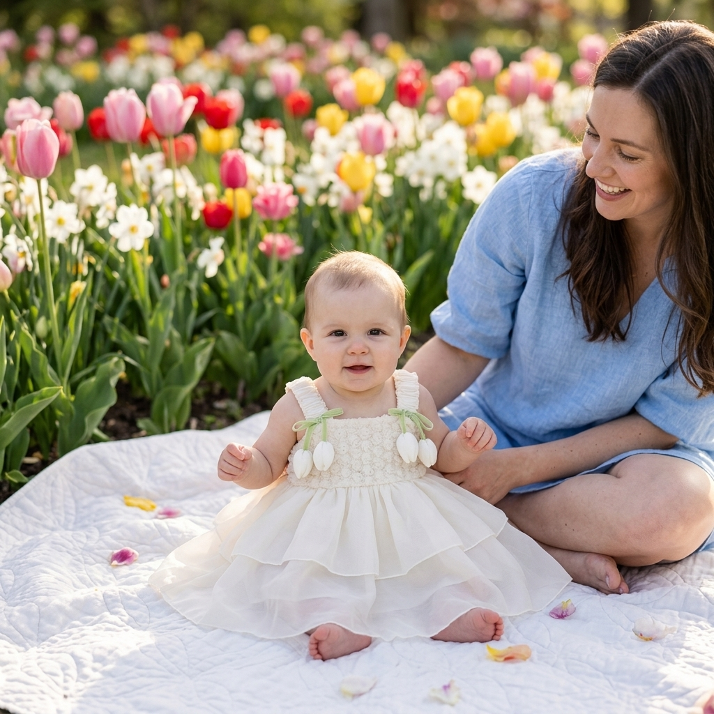 Ivory Tulip Strap Tulle Dress spring garden lifestyle photo