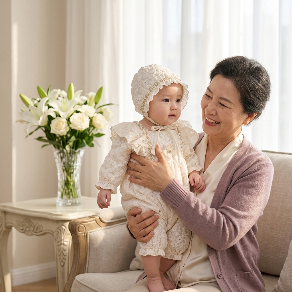 Ivory Lace Flower Romper Bonnet Set grandmother family lifestyle photo