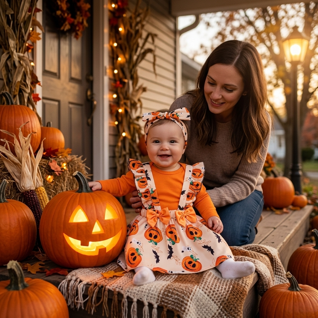 Halloween Pumpkin Ruffle Dress Set baby girl porch jack-o-lantern lifestyle photo